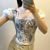 Vintage Floral Print Lace Up Corset Sleeveless Crop Top